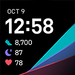 A colorful clock face with the time, date, and several core stats shown